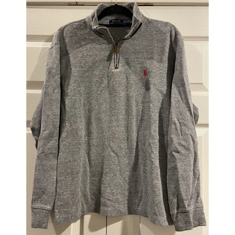 Polo Ralph Lauren Sweater Mens Large Gray 1/4 Zip Pullover Collared Mock Neck